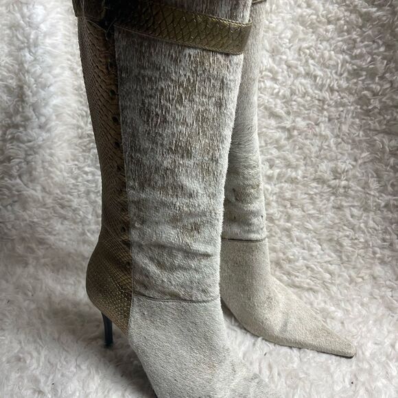 Leather Calf hair beige&gold snake skin pointed toe knee high heels boot… - Picture 4 of 14